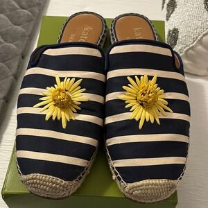 Kate Spade Black and Cream Striped Espadrilles with Yellow Floral Accent
